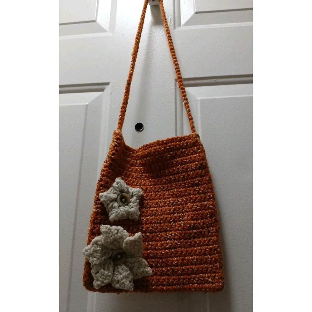 Handmade Crochet Handbag Purse Boho Bag Hippie Flower Applique Soft 9